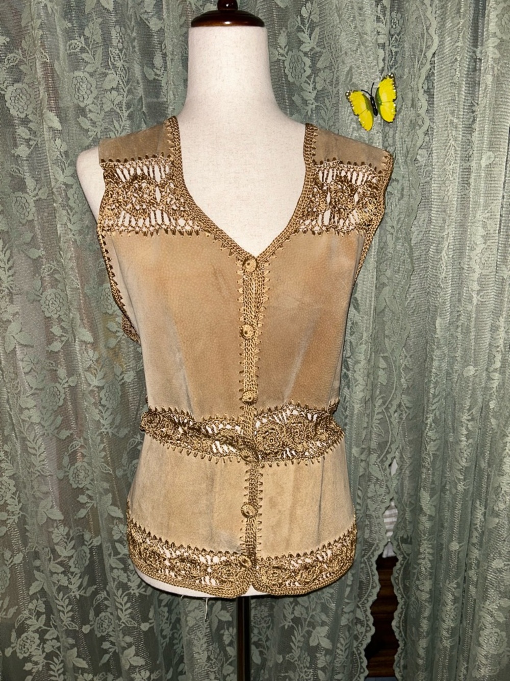 Tan Suede Vest Top with Crochet Detail